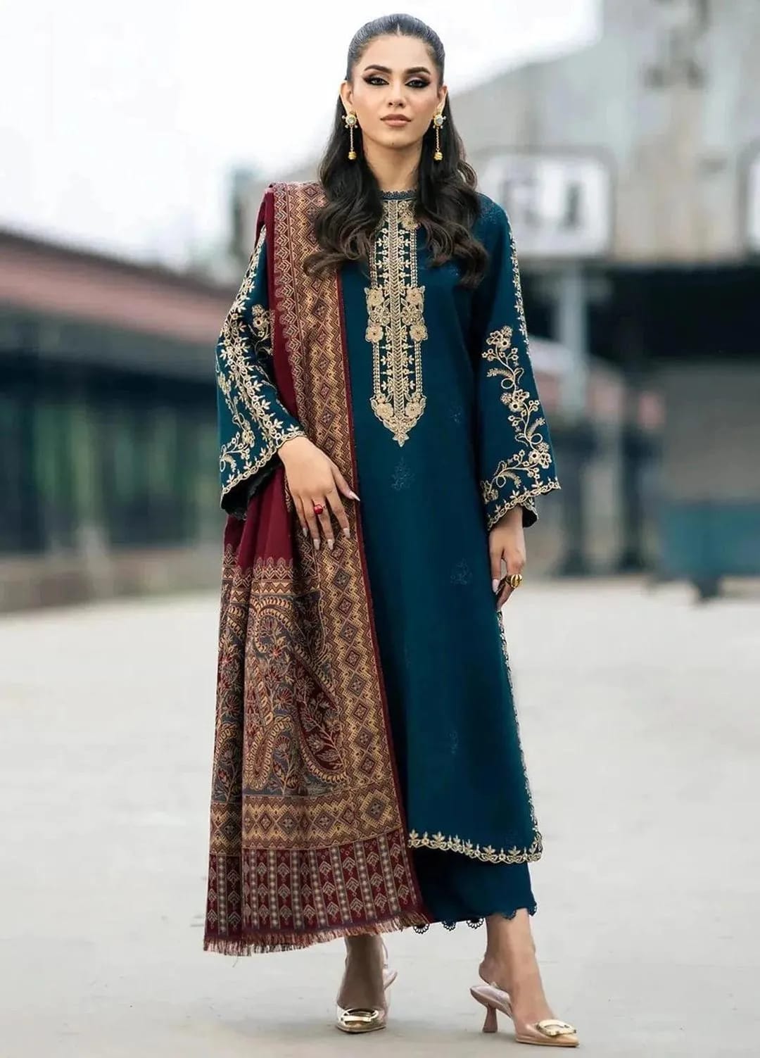 Women's Blue Embroidered Lawn Suit with Shawl - Model Full View
