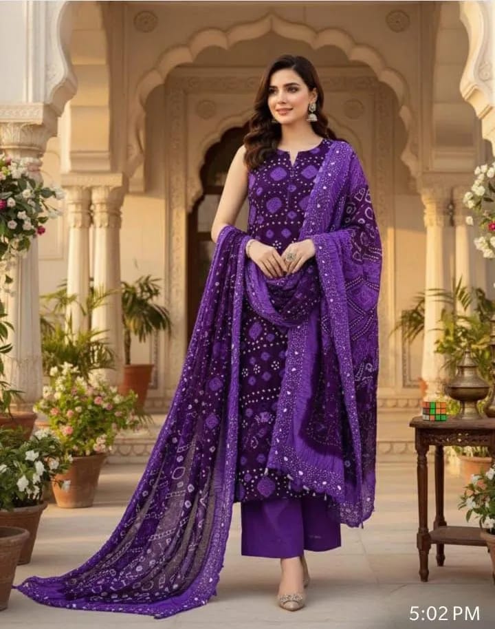 Purple Printed 3-Piece Unstitched Suit - Model View