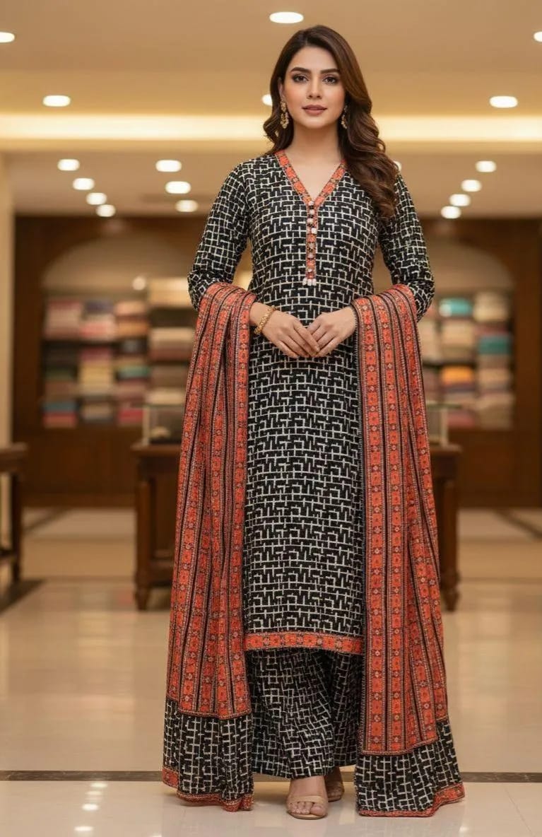 Women's 3Pcs Printed Lawn Suit - Front View