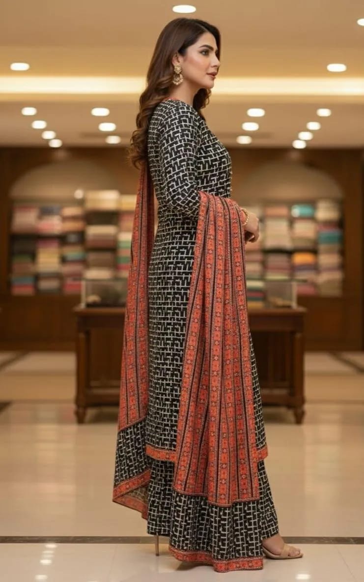 Women's 3Pcs Printed Lawn Suit - Side View