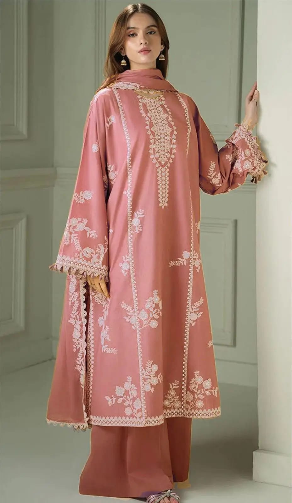 Women's Unstitched Embroidered Lawn Suit Pink - Model View