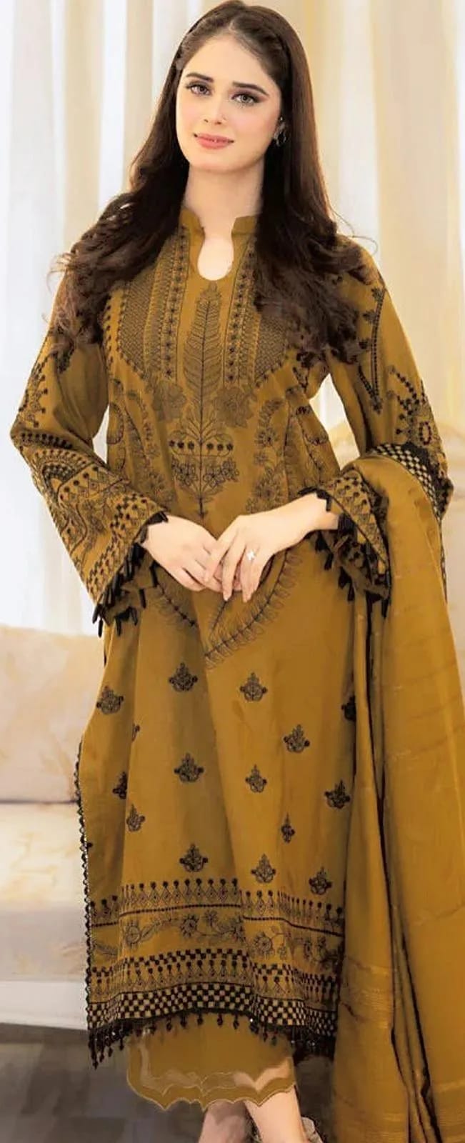 Women's Unstitched Embroidered Lawn Suit Yellow - Model View