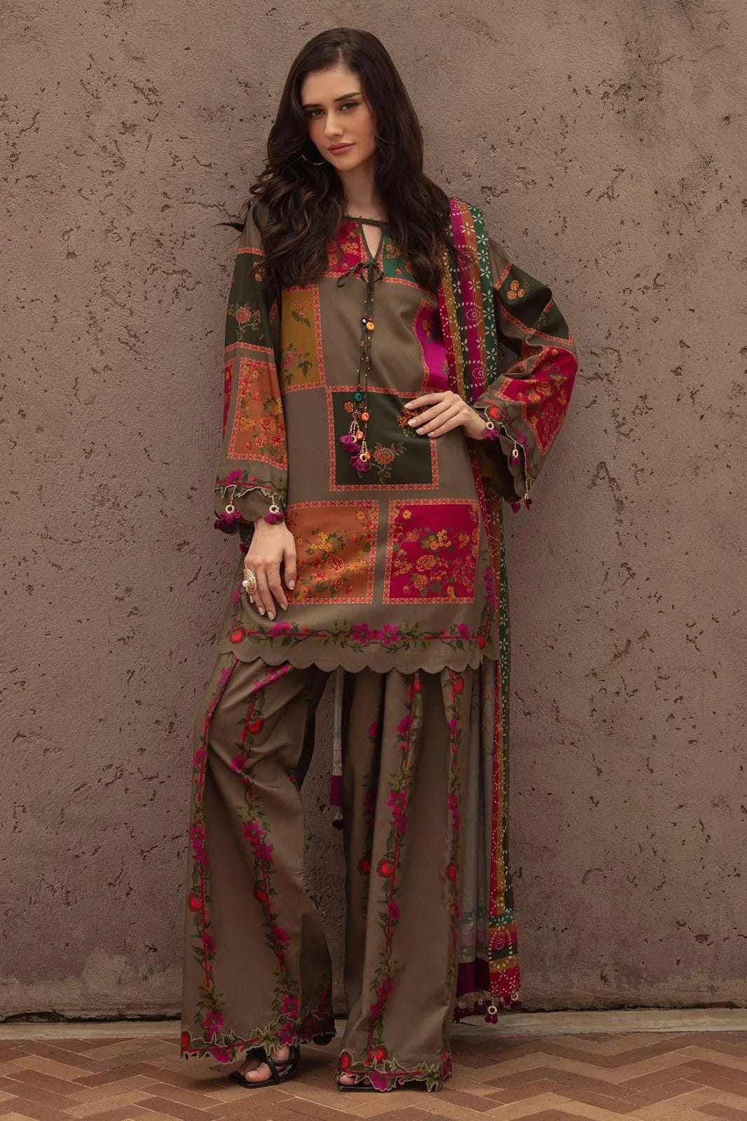3-Piece Printed Lawn Suit Brown Floral Eid Wear