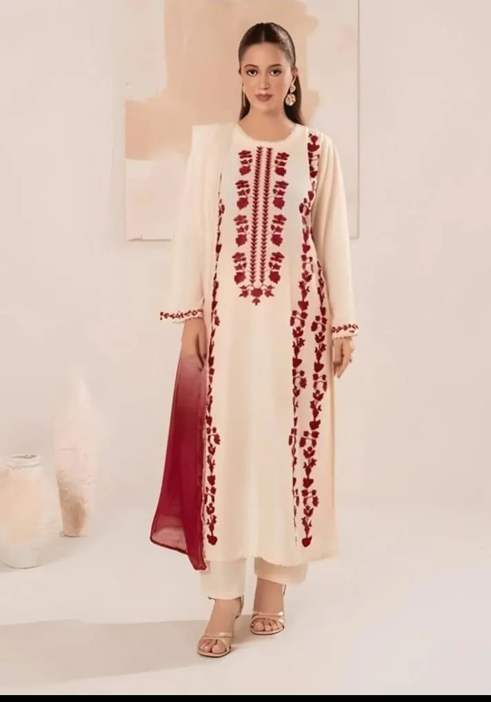 Ivory Embroidered Lawn 3-Piece Suit - Model View