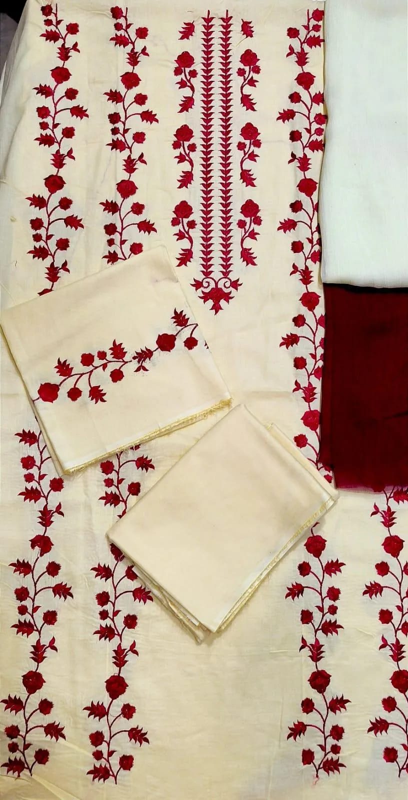 Ivory Embroidered Lawn 3-Piece Suit - Fabric Flatlay