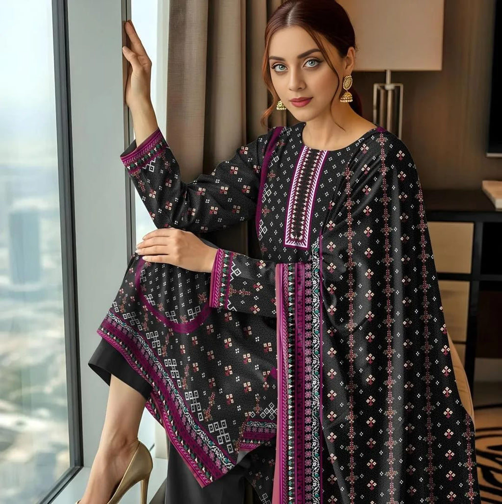 Black Printed 3-Piece Lawn Suit - Back View