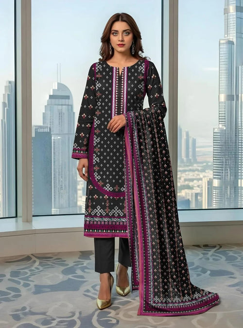 Black Printed 3-Piece Lawn Suit - Front View