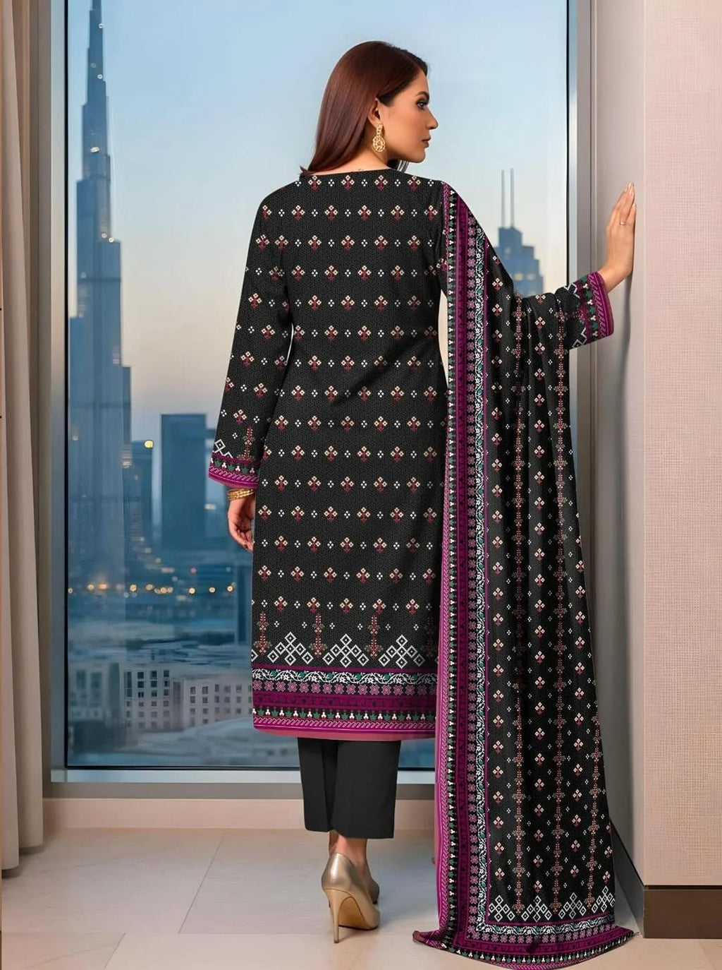 Black Printed 3-Piece Lawn Suit - Fabric Flatlay