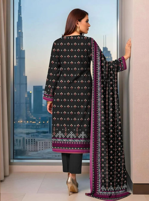 Black Printed 3-Piece Lawn Suit - Fabric Flatlay