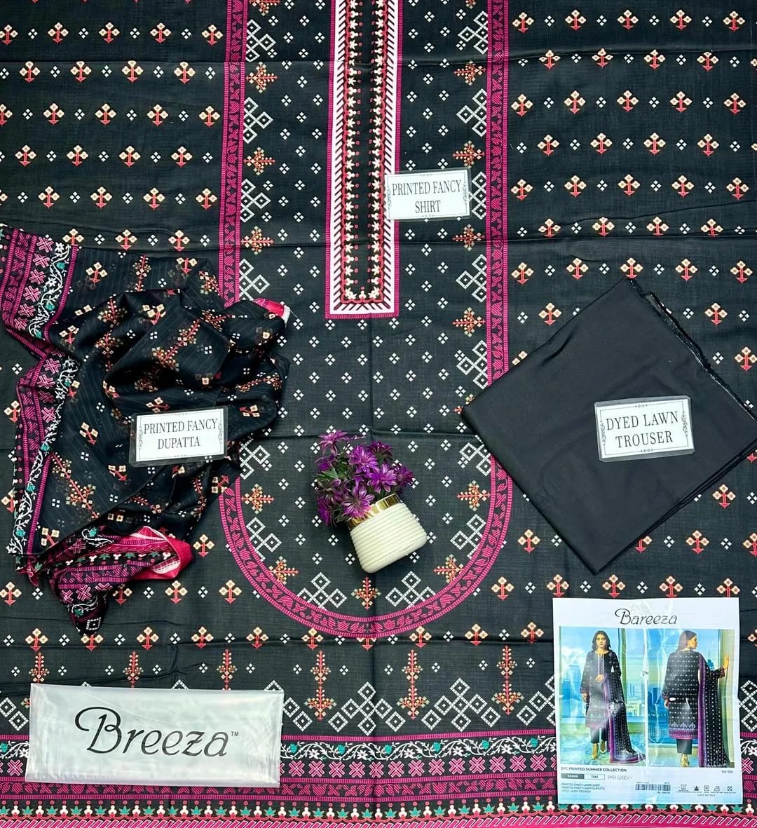 Black Printed 3-Piece Lawn Suit - Fabric Flatlay with Tag