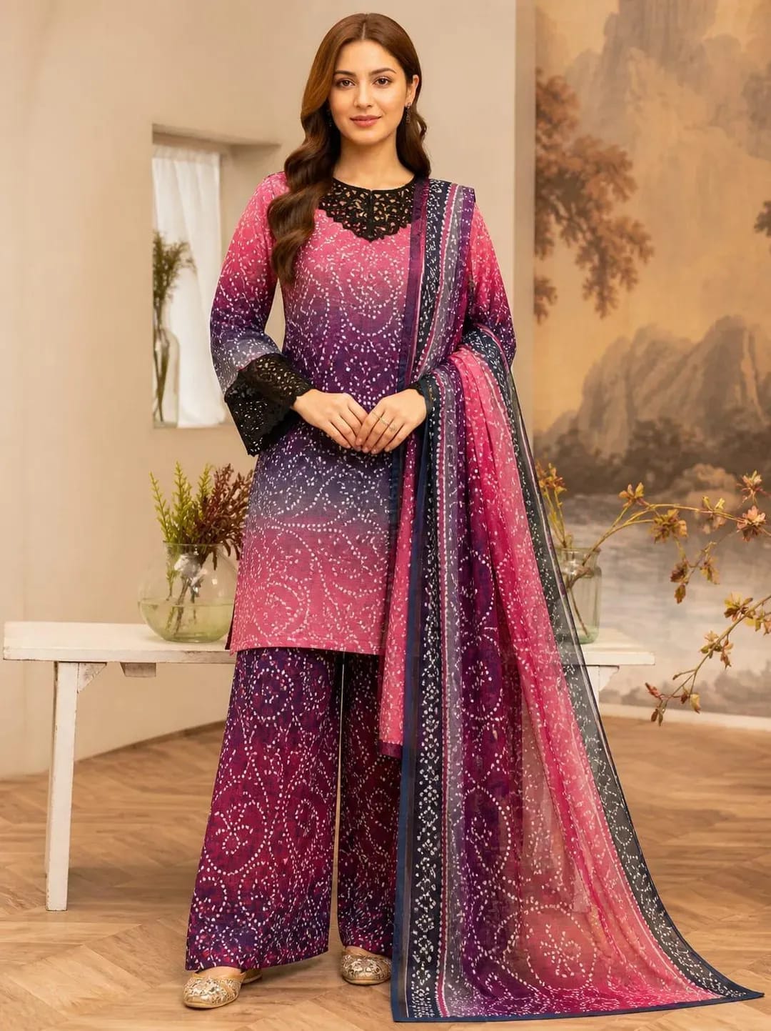 Purple Printed Lawn 3-Piece Suit - Model View