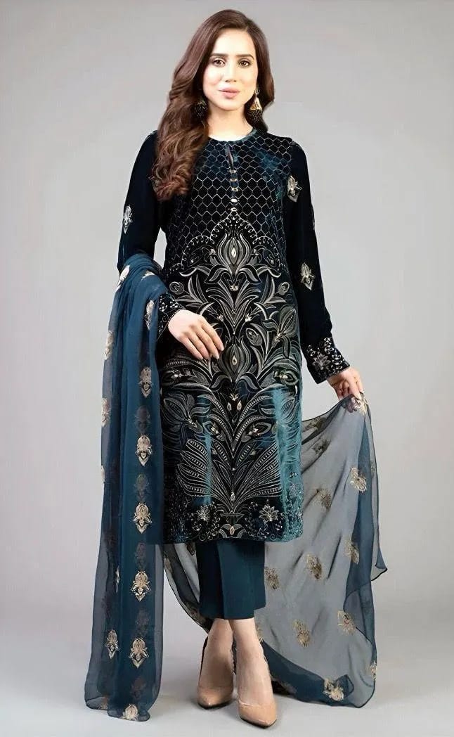 Blue Embroidered Lawn 3-Piece Eid Suit - Model View