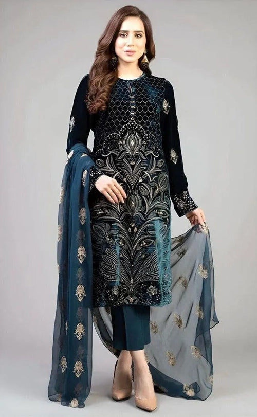 Blue Embroidered Lawn 3-Piece Eid Suit - Model View