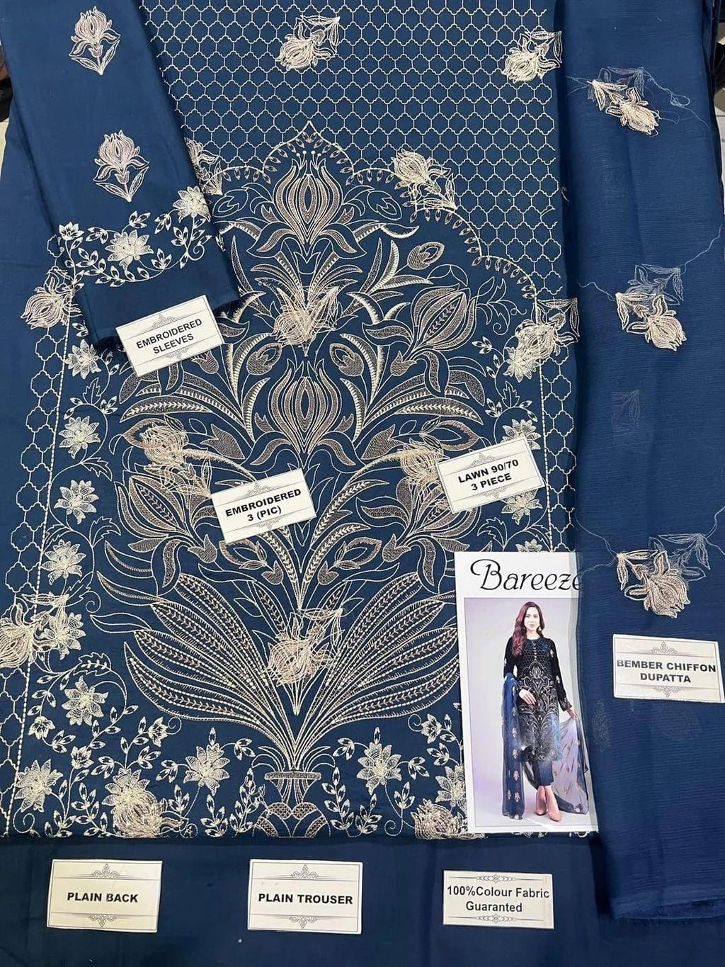 Blue Embroidered Lawn 3-Piece Suit - Full Fabric Flatlay