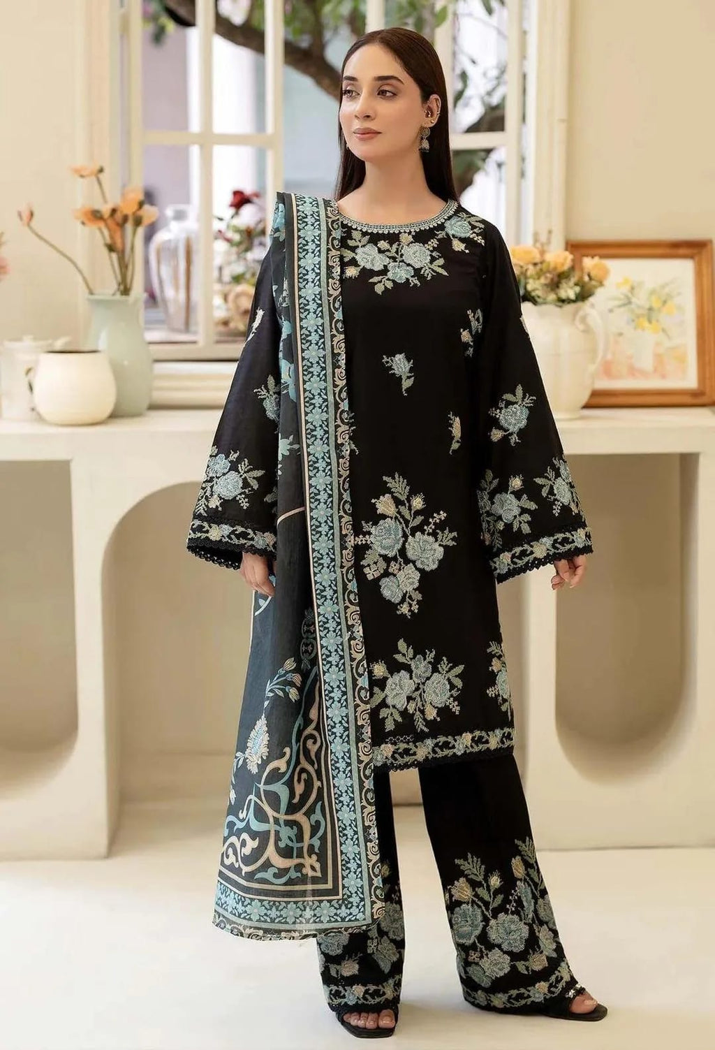 Black Embroidered Cotton Lawn 3-Piece Suit - Model Full View