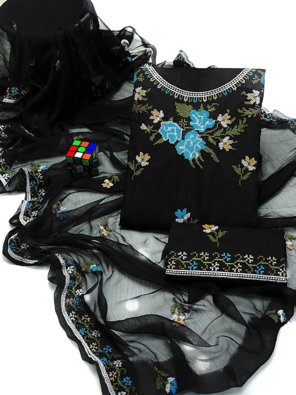 Black Embroidered Cotton Lawn 3-Piece Suit - Fabric Flatlay