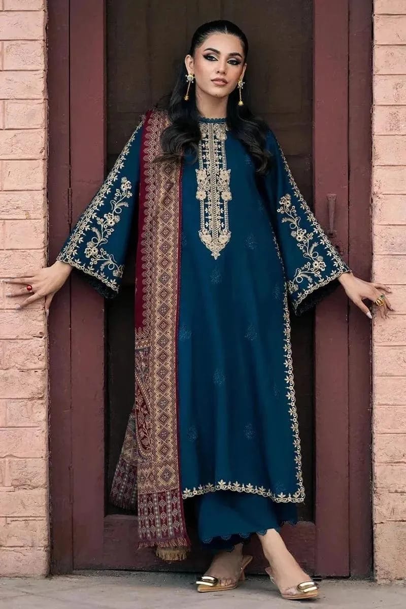 Women's Blue Embroidered Lawn Suit with Shawl - Model Front View