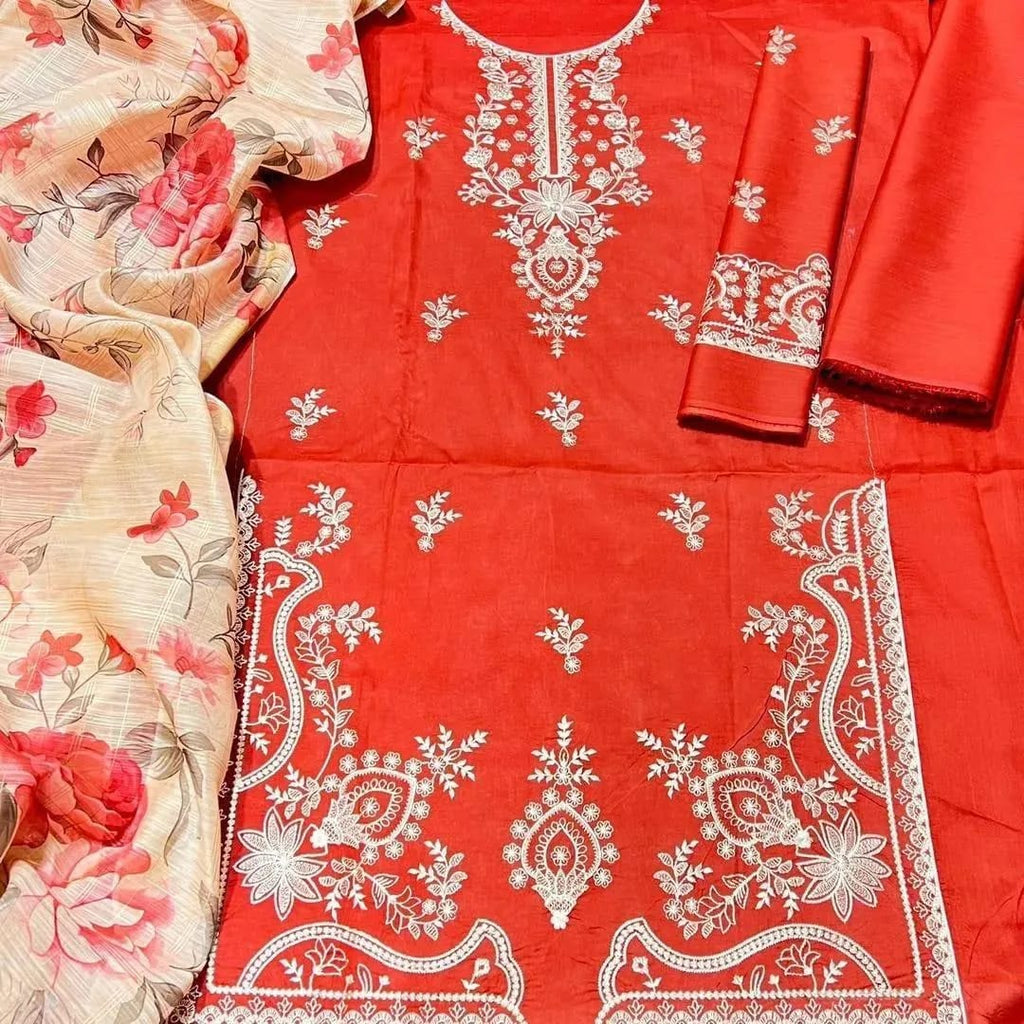 Women's Orange Embroidered Lawn Suit - Fabric Flat Lay
