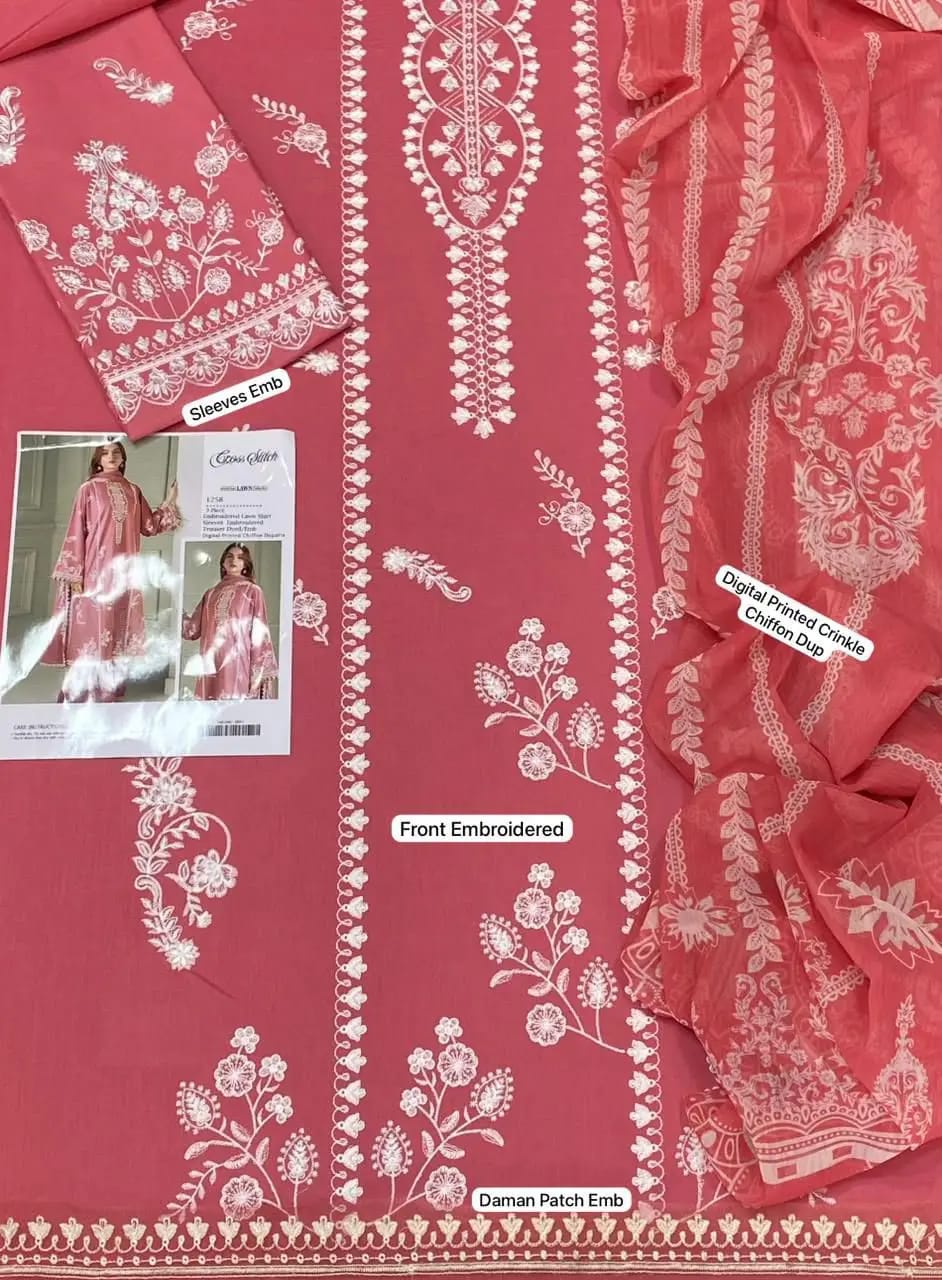 Women's Unstitched Embroidered Lawn Suit Pink - Fabric Flat Lay