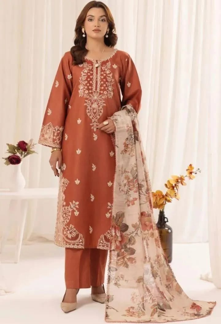 Women's Orange Embroidered Lawn Suit - Model View