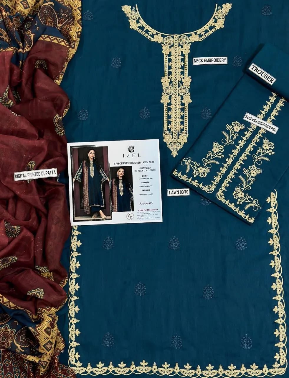 Women's Blue Embroidered Lawn Suit - Fabric Flat Lay with Labels
